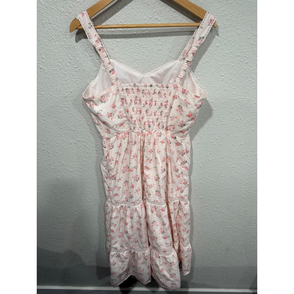 Pink Floral Sweetheart Lace Tiered Midi Dress L Cottagecore Coquette Fairycore - Picture 9 of 9